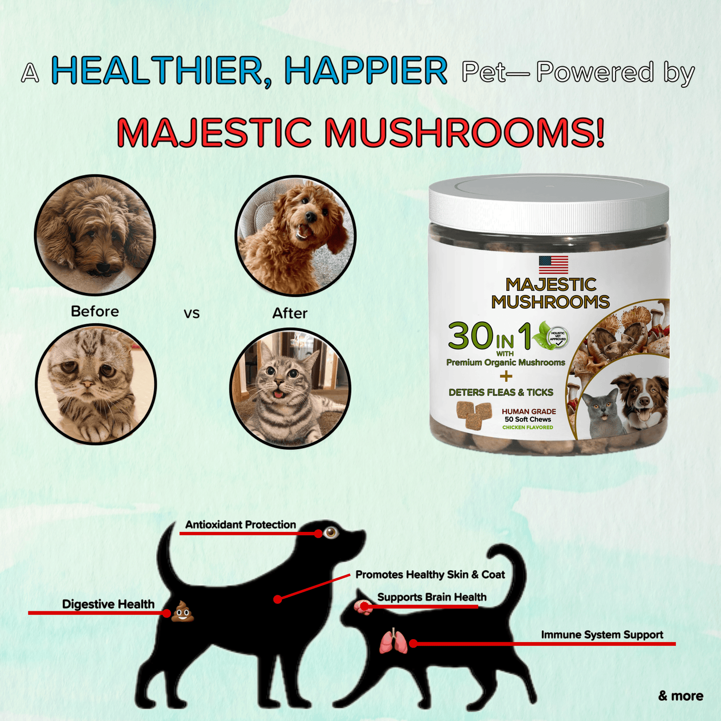 Majestic Mushrooms™ - 7 Organic Super Mushrooms with Natural Flea & Tick Defense + Human-Grade (30-in-1 Calming Chew)